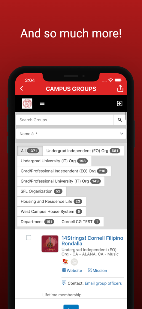 Cornell Student App - Cornell Student App interface showing a list of campus groups and student organizations