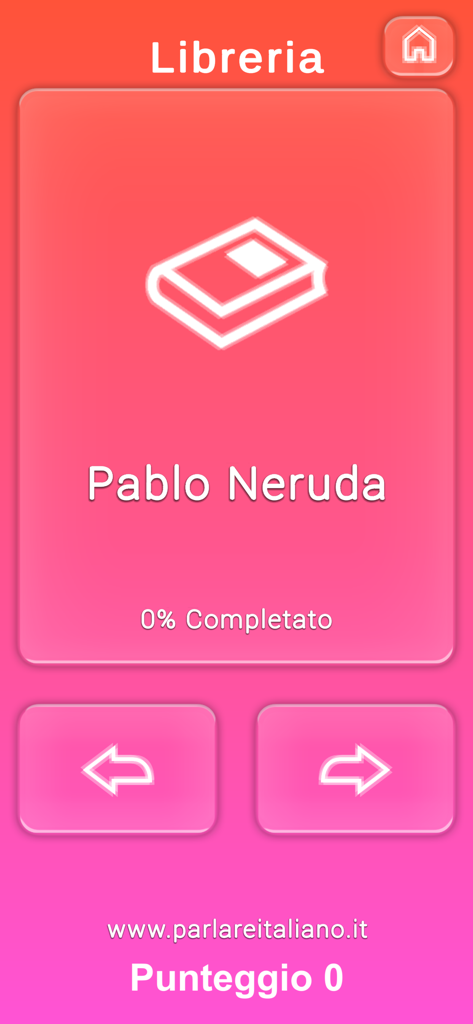 Bibliotheksbildschirm der Parlare Italiano App, der eine Lyrikauswahlkarte für Pablo Neruda zeigt.