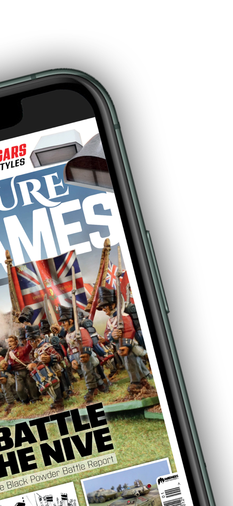 Pantalla de smartphone que muestra la portada de la revista Miniature Wargames con un informe de batalla histórico con soldados en miniatura