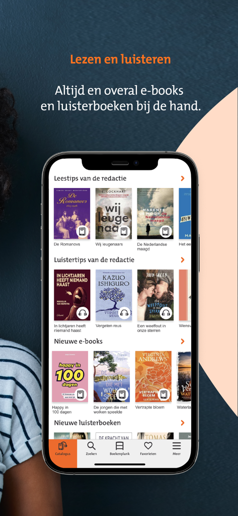 online Bibliotheek - Pantalla de catálogo de la aplicación online Bibliotheek que muestra e-books y audiolibros en neerlandés recomendados.
