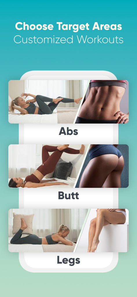 Oberfläche der Wall-Pilates-App, die Optionen zur Auswahl von Trainingsbereichen für Bauch, Po und Beine zeigt