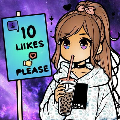 girl with a high ponytail and a hoodie drinking boba staring at a sign saying 10 likes please