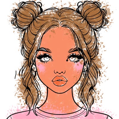 realistic girl with two buns in hair and lips