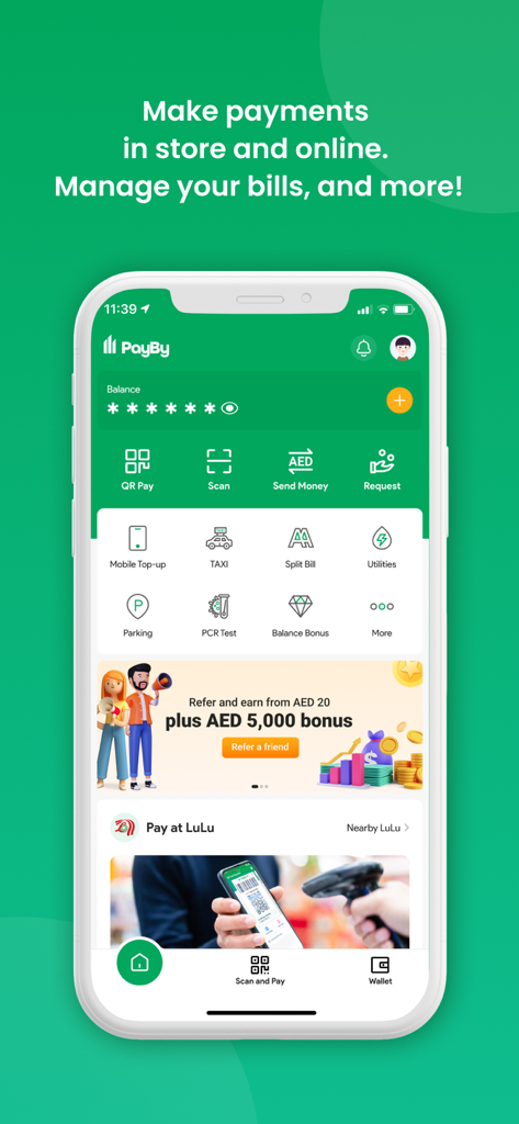 PayBy – Mobile Payment - Dashboard of the PayBy mobile payment app displaying various financial services