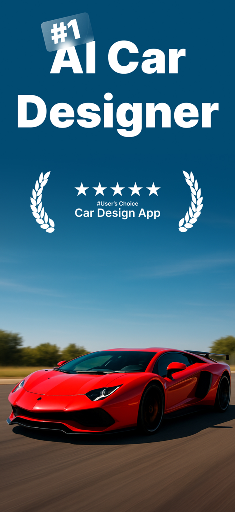 AI Car Tuning Designer Tool - AI Car Tuning Designer app award screen with a red supercar and five stars