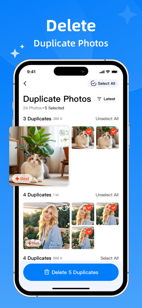 Interface de l'application Deep Cleaner montrant l'IA identifiant et sélectionnant des photos de chats et des portraits en double à supprimer sur un iPhone