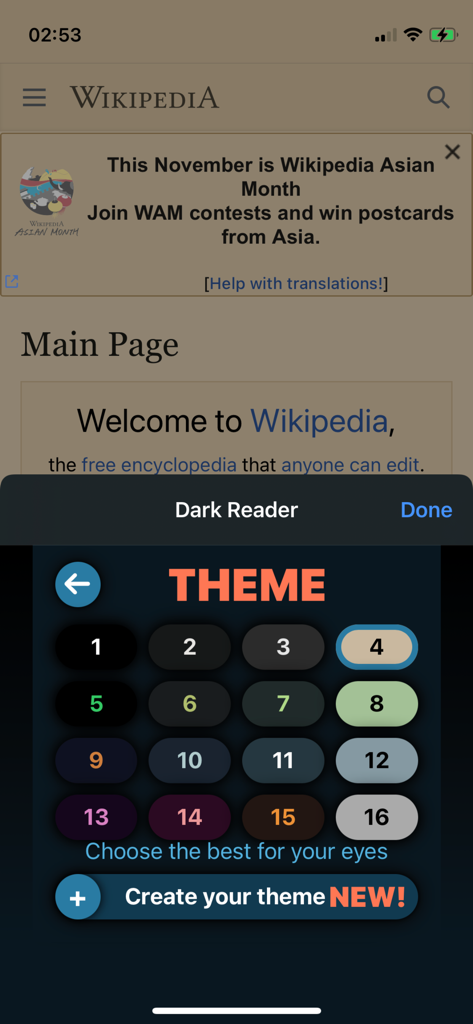 Dark Reader for Safari theme selection interface showing multiple color presets and a custom theme creation button