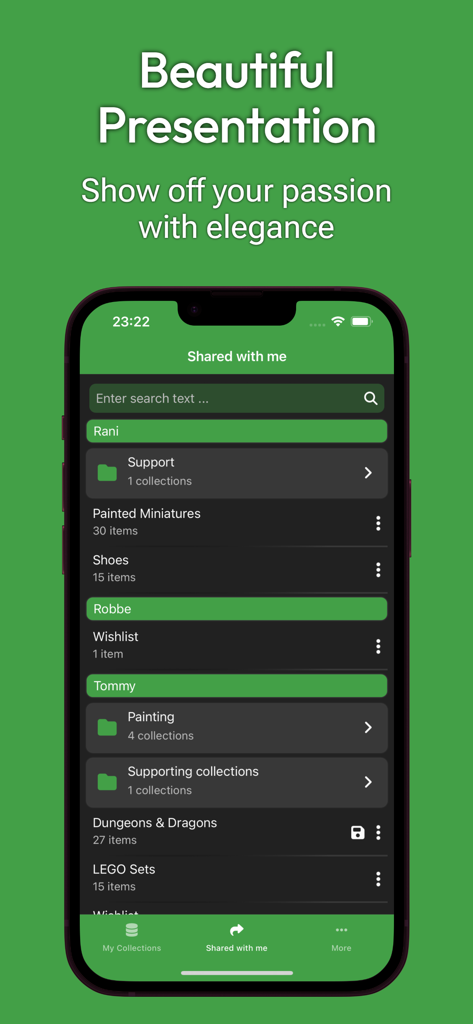 My Collections: Collect & Show - A screenshot of the My Collections app showing lists of shared collections like LEGO sets and painted miniatures under a Shared with me header