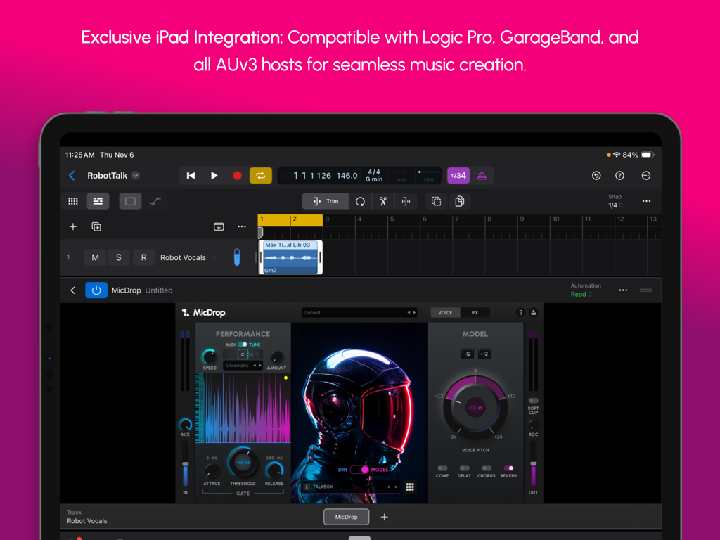 MicDrop - Pro Vocals - MicDrop AI vocal plugin interface integrated within Logic Pro for iPad showing real-time voice transformation controls and a futuristic astronaut model