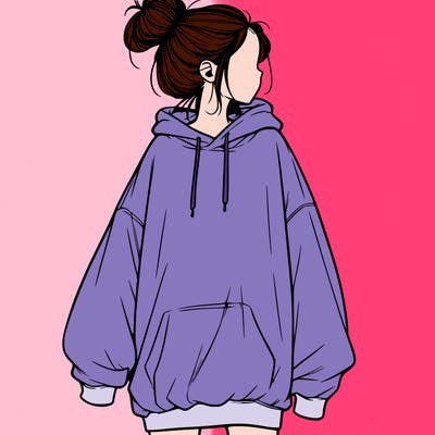 realistic girl with a oversized sweatshirt on and a bun