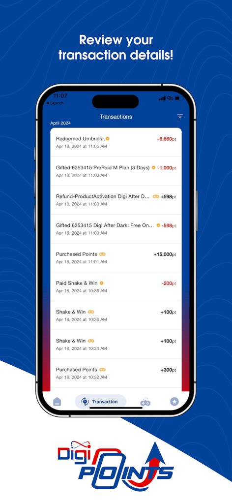 DigiPoints BZ - A mobile screen showing the transaction history of the DigiPoints BZ app including earned points and redemptions