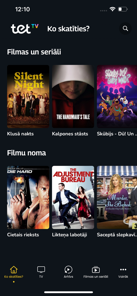 Tet TV - Tela inicial do aplicativo móvel Tet TV mostrando várias categorias de filmes e séries em letão