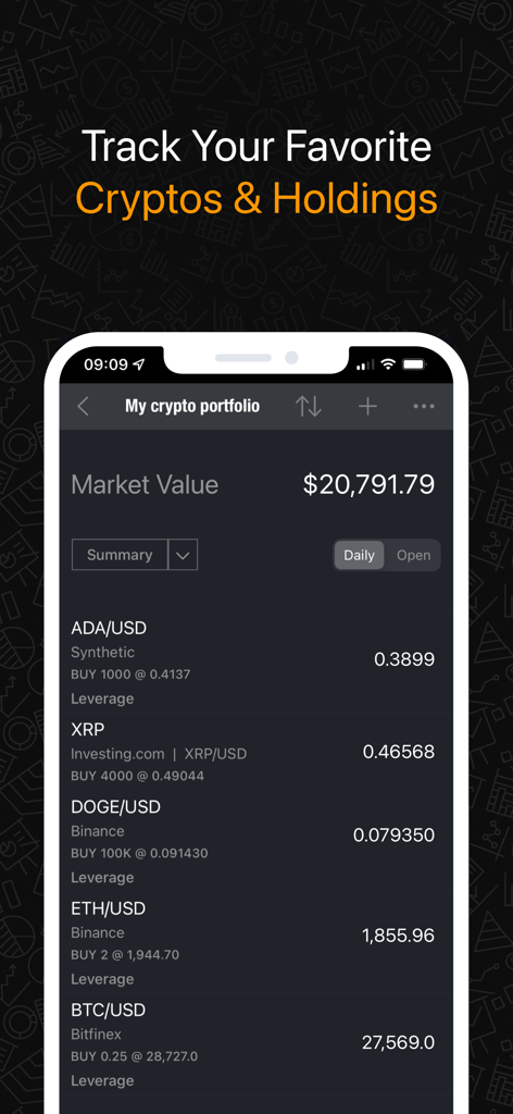 Mobile app screen showing a cryptocurrency portfolio tracker with market values for Bitcoin Ethereum and other altcoins