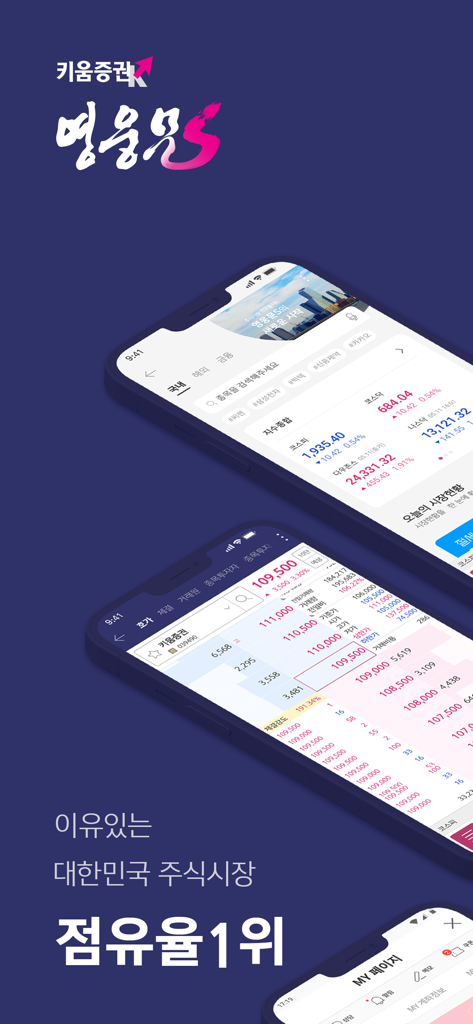 키움증권 영웅문S#(NEW) - 키움증권 영웅문S# 모바일 거래 앱이 주식 시장 지수 및 가격 차트를 표시하는 모습