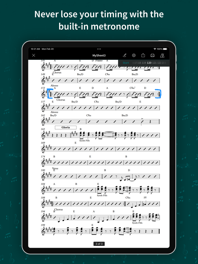 Leadsheet app on iPad showing sheet music with a built-in metronome and hand-drawn annotations.