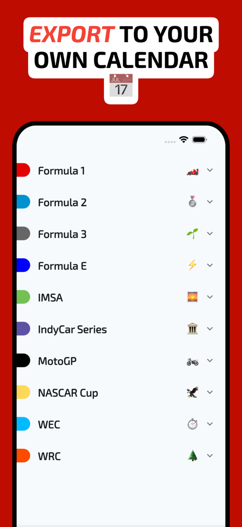 Pantalla de aplicación móvil que muestra una lista de series de carreras como Fórmula 1 y NASCAR con una función de exportación a calendario