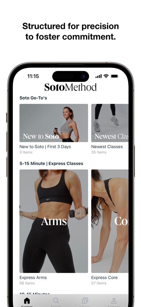 Soto Method - Interfaz de la aplicación móvil Soto Method que muestra varias categorías de clases de fitness como Brazos y Core Exprés.