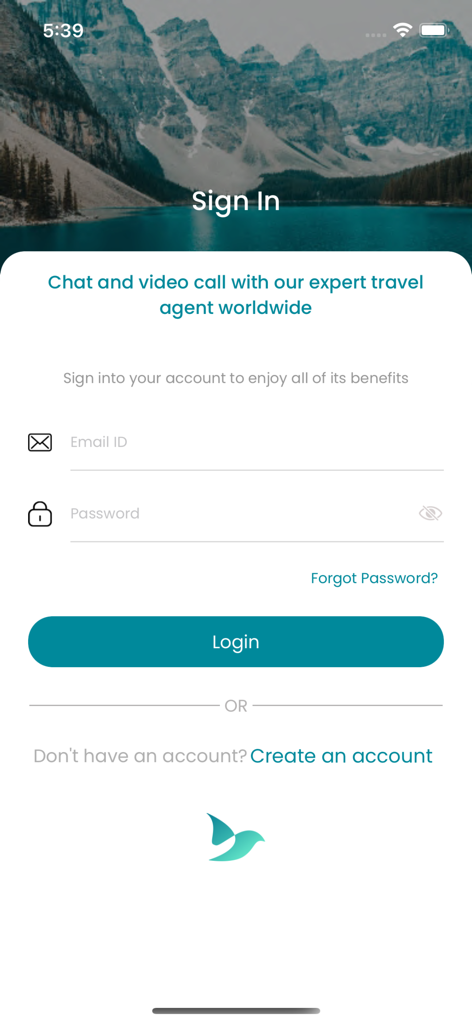 Pantalla de inicio de sesión de la aplicación KiMi Travel con un fondo escénico de montañas y un formulario de inicio de sesión