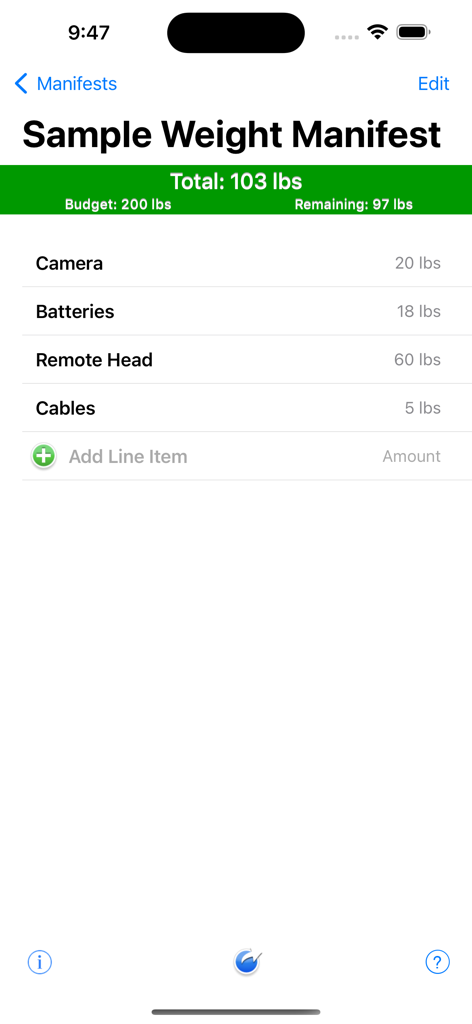 Rigger Ref - A sample weight manifest screen listing rigging equipment and total weight calculation.