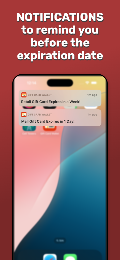 Gift Card Wallet Manager - Smartphone screen displaying push notifications reminding the user that their retail and mall gift cards are expiring soon.