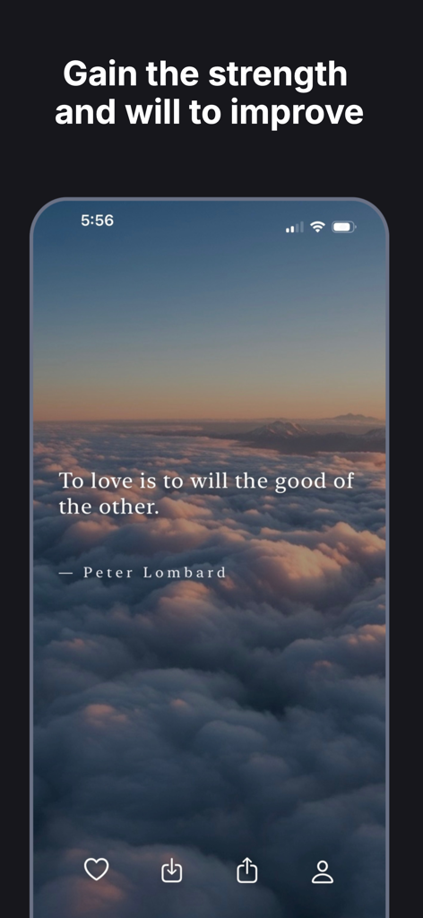 Rize Daily Motivation - Rize Daily Motivation app displaying a quote by Peter Lombard over a serene sunset cloud background.