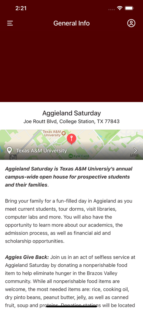General info page for Aggieland Saturday in the Texas AM Admissions app