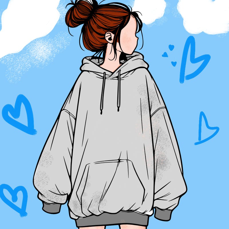 realistic girl with a oversized sweatshirt on and a bun