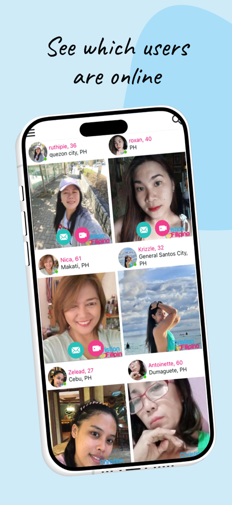 A mobile phone showing a list of online female profiles on the Christian Filipina Dating App