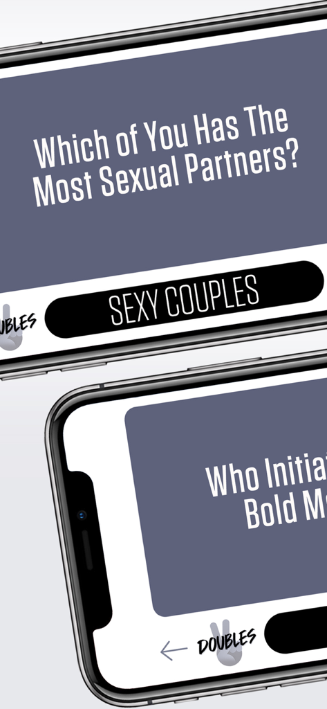 A screenshot of the Doubles drinking game app showing a provocative question for couples on a smartphone screen.