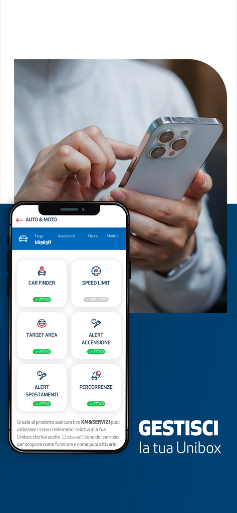 Unipol insurance mobile app interface displaying Unibox telematics features including car finder and speed limit alerts