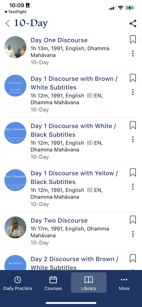Dhamma.org - Library view of the Dhamma.org app displaying a list of 10-day Vipassana meditation discourses
