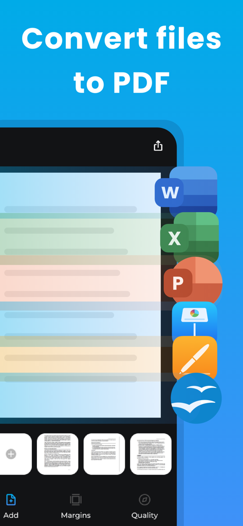 Tela de aplicativo móvel mostrando a conversão de documentos Word, Excel e PowerPoint em formato PDF