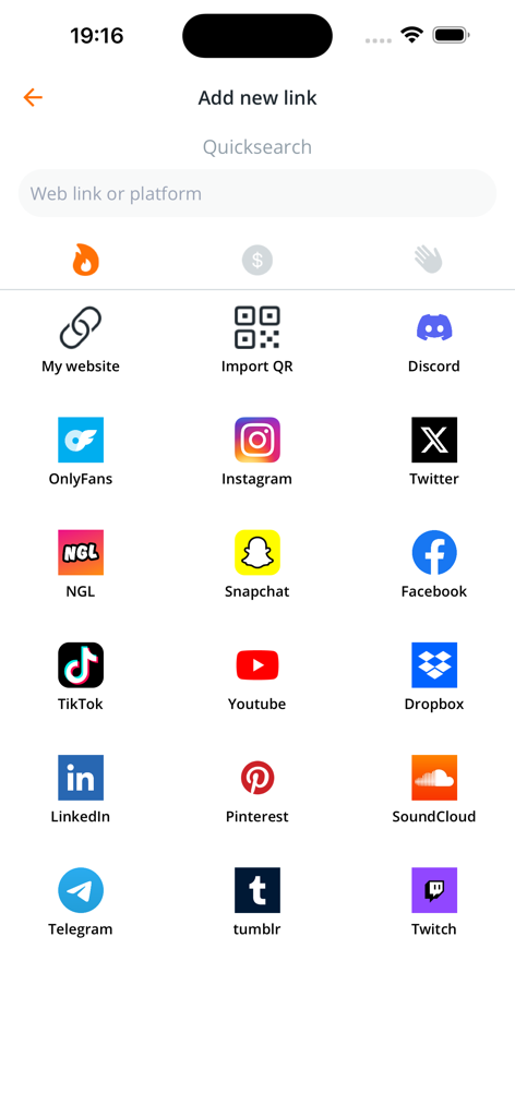 AllMyLinks - A mobile app interface from AllMyLinks showing a grid of icons to add various social media platforms to a personal profile