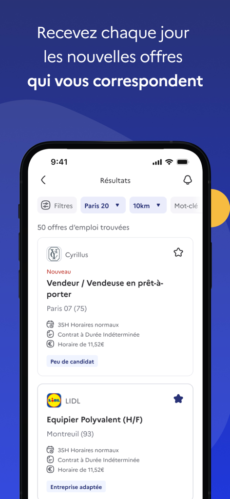 Parcours Emploi France Travail - Interface of the Parcours Emploi app showing job search results and location filters