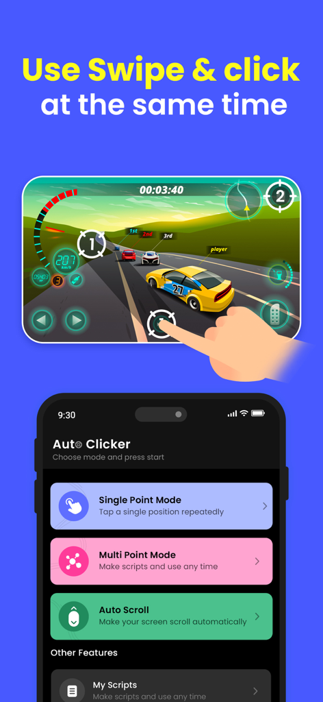 Auto Clicker - Self Clicker - Auto Clicker app interface demonstrating swipe and click automation for mobile racing games