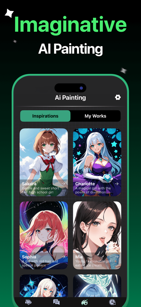 AI Chatbot - Ask AI Anything - The imaginative AI painting screen showing various AI generated anime characters as inspiration