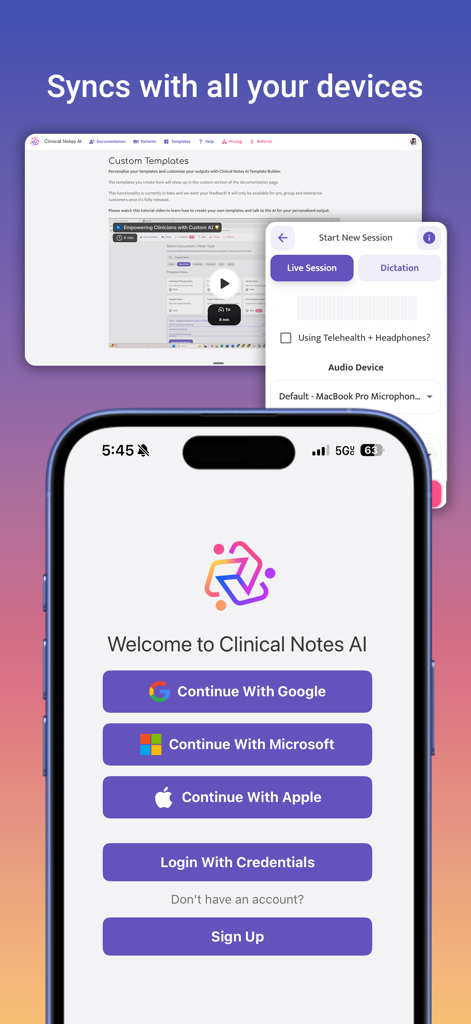 Clinical Notes AI login screen on a mobile device showing cross-platform synchronization with a desktop view
