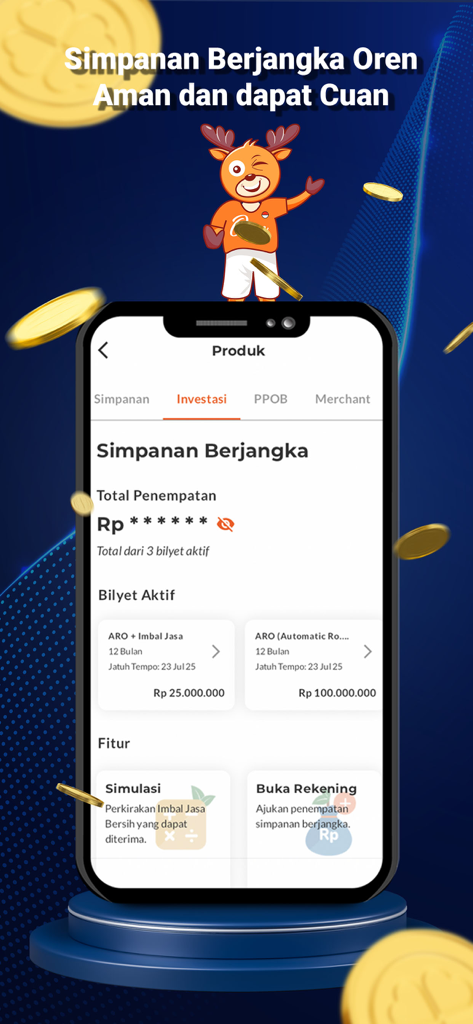 Oren by KOPNUS - Interfaccia dell'app Oren by KOPNUS che visualizza le funzionalità di investimento a deposito vincolato indonesiano e i saldi dei conti