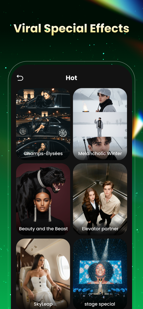 HeyStar app interface showcasing trending viral special effects and AI photo filters for social media