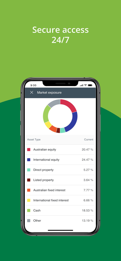 A mobile screen from the IOOF app showing a donut chart of market exposure and asset allocation percentages.