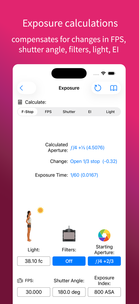 pCAM Pro - Film+Digital - 조리개 셔터 각도 및 노출 지수를 포함한 촬영을 위한 기술 노출 계산을 보여주는 pCAM Pro 앱 인터페이스