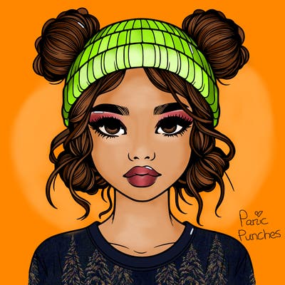 realistic girl with buns in her hair with a beanie on