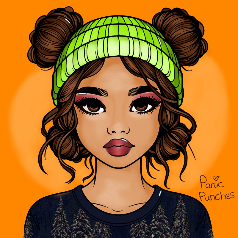 realistic girl with buns in her hair with a beanie on