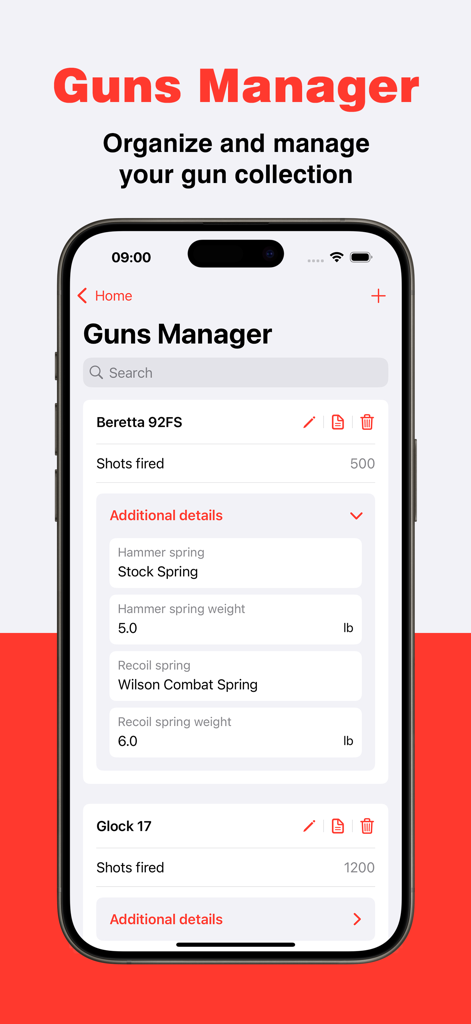 Shoot utilities IPSC - USPSA - Guns Manager screen in the Shoot Utilities app for organizing firearms and tracking shots fired