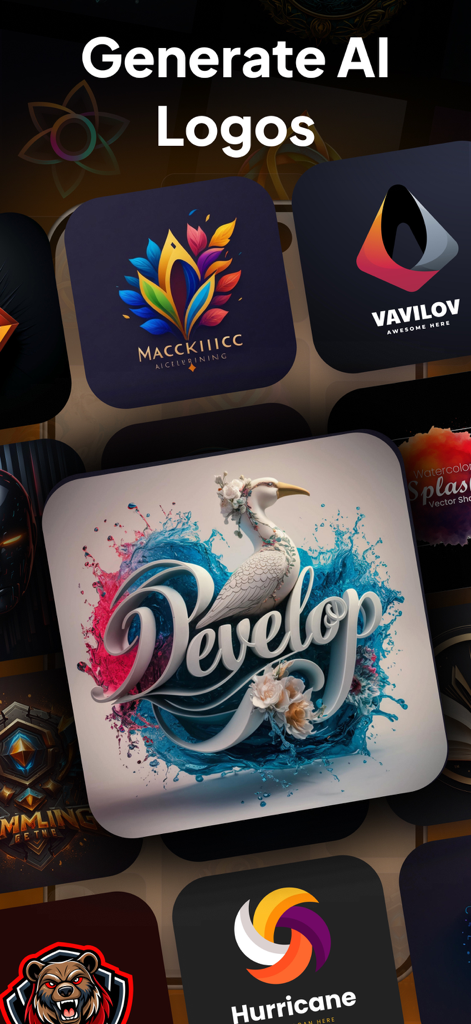 Uma coleção de logos diversos gerados por IA, incluindo designs florais e 3D para empresas.