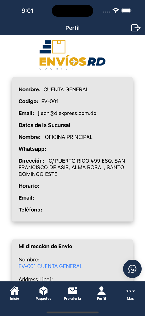 Envios RD mobile App Profilbildschirm mit Benutzerkonto- und Versandfilialdetails