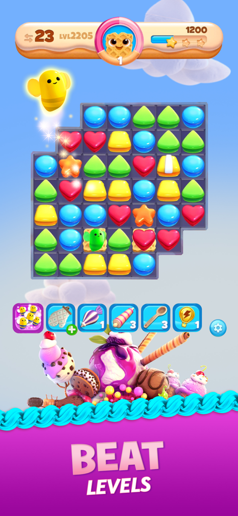 Cookie Jam Blast match 3 puzzle level with colorful macarons and jelly bee.