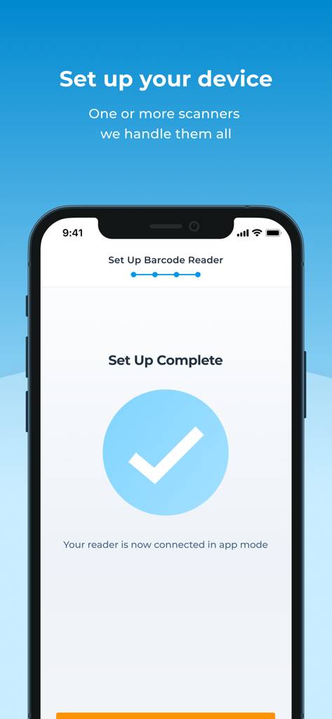 Socket Mobile Companion app showing a successful barcode reader connection in app mode with a checkmark icon