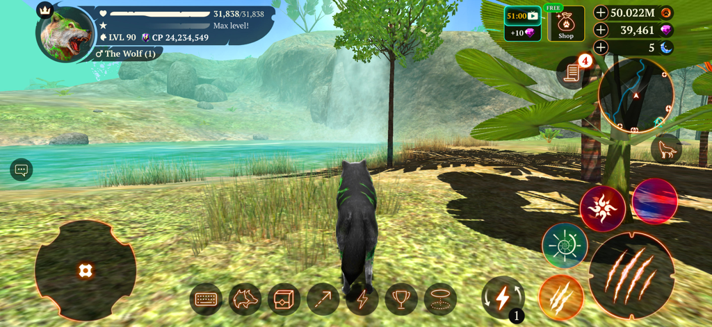 Captura de pantalla de la jugabilidad de un personaje de lobo negro en un exuberante entorno natural verde en 3D de The Wolf Animal Game MMORPG
