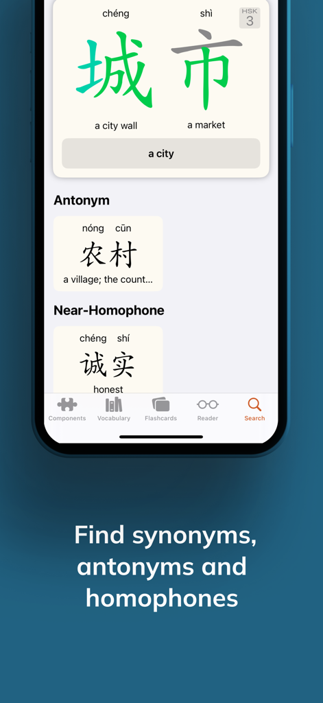 Wen - Chinese Character Origin - Une capture d'écran de l'application Wen montrant les définitions des caractères chinois, les antonymes et les homophones.